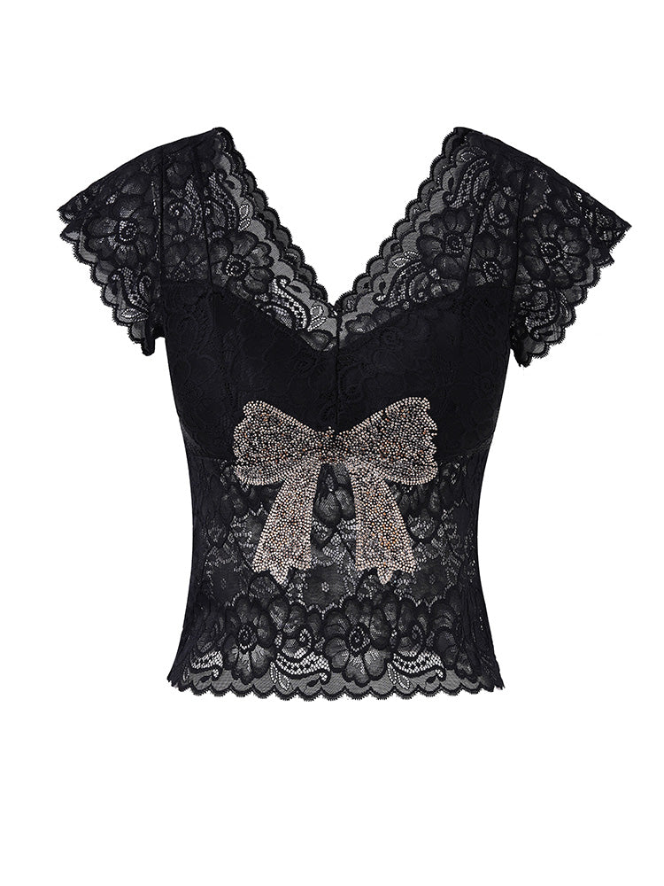 TCH Rhinestone Bow Floral Lace Slim Top