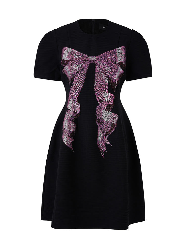 TCH Bow Rhinestone Black Cady Short Dress