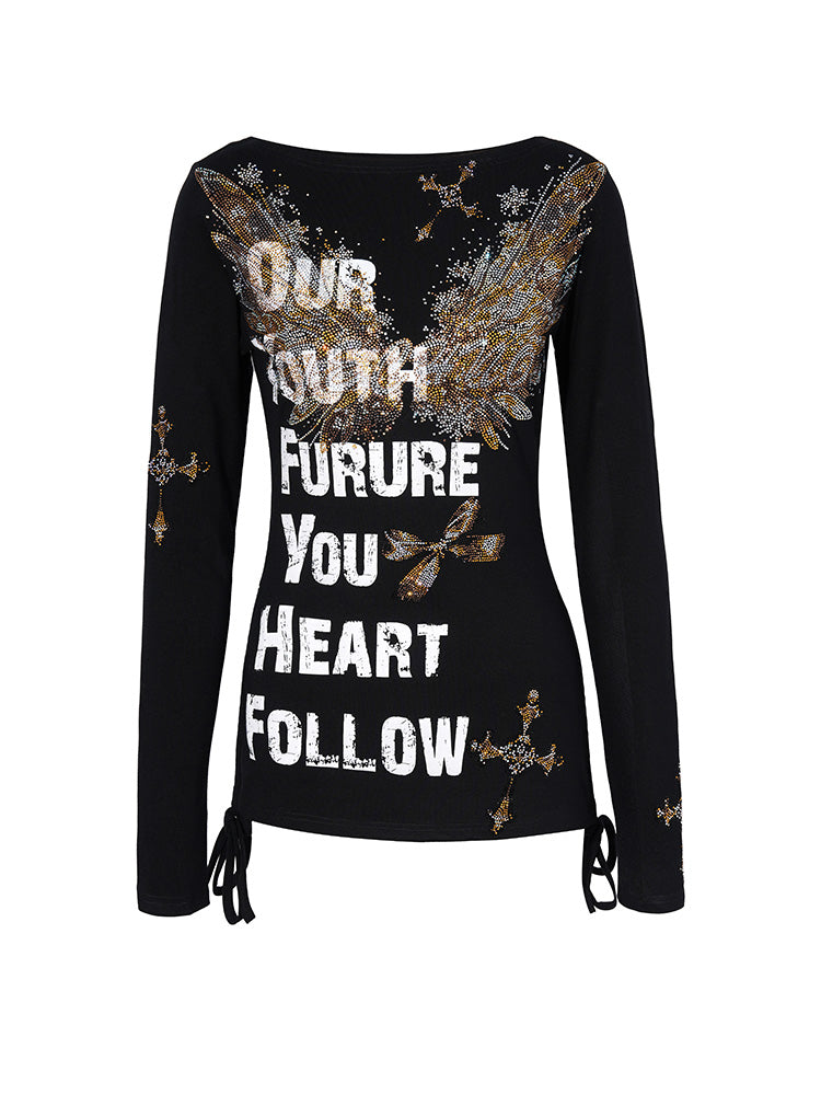 TCH Rhinestones Scoop Neck Long Sleeve Top