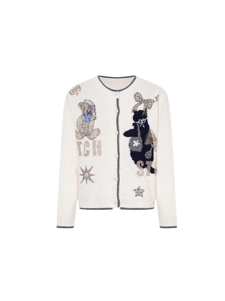 TCH Teddy Bear & Dog Rhinestone Knit Cardigan