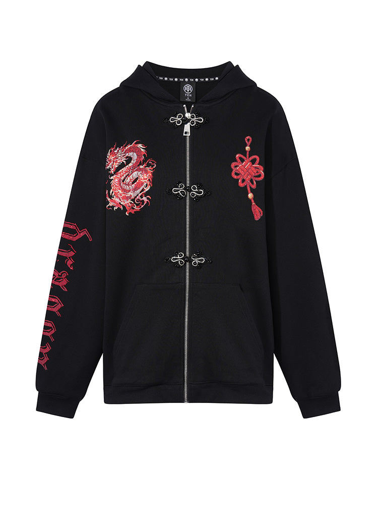 TCH Luxury Red Dragon Rhinestone Sparkle Hoodie Jacket