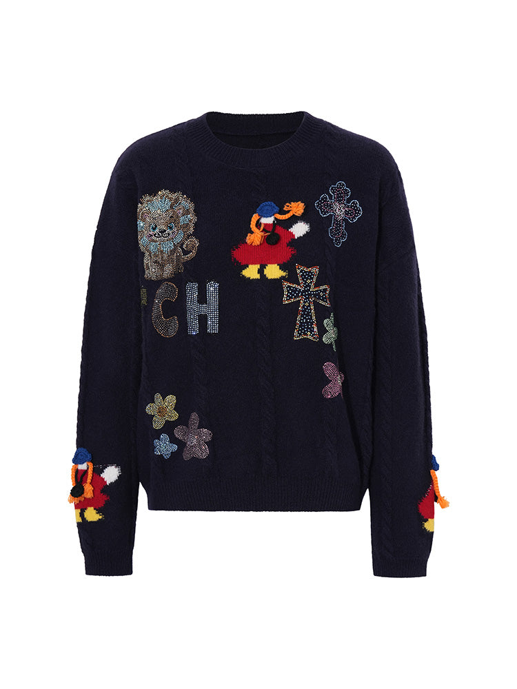TCH Rhinestone Art Patch Knit Sweater