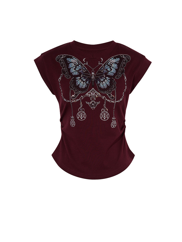TCH Presale Rhinestone Butterfly Ruched Waist  Crop Top