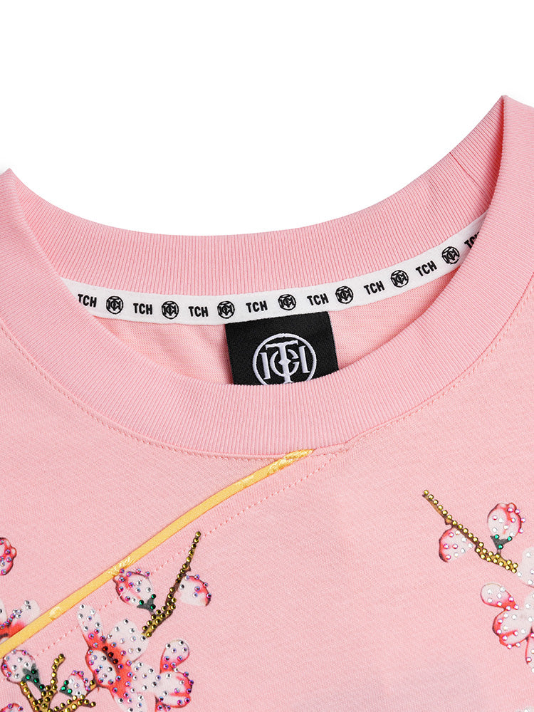 TCH Rhinestone Graphic Print Satin Luxury T-Shirt