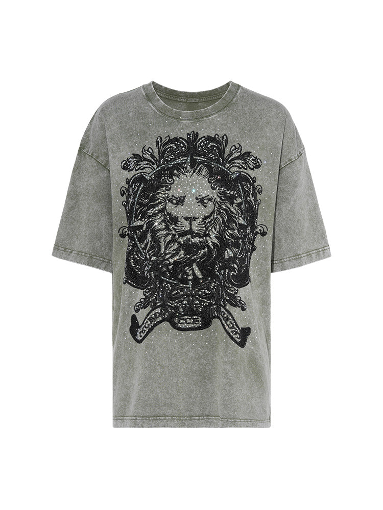 TCH Punk Lion Rhinestone Graphic Vintage Washed T-Shirt