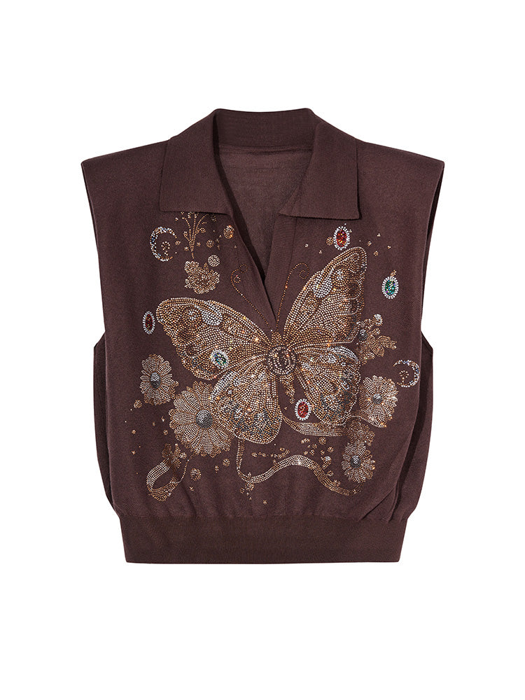 TCH Butterfly Rhinestone Collar V Neck Top