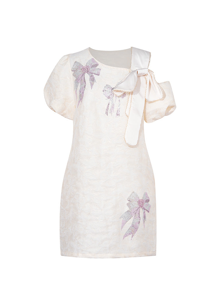 TCH One Shoulder Rhinestone Floral Mini Dress with Bow