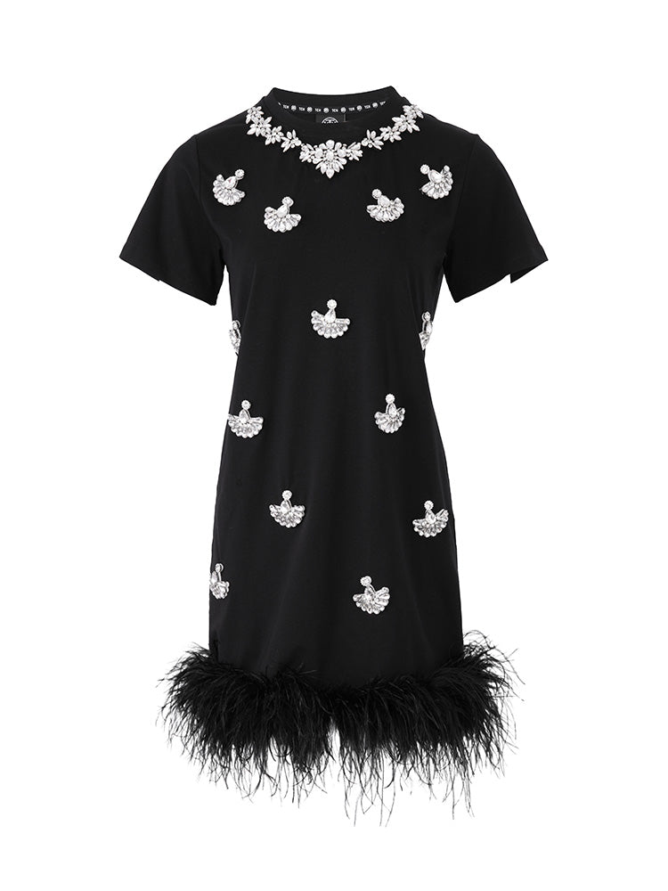 TCH Rhinestone Feather-Trimmed Short Dress