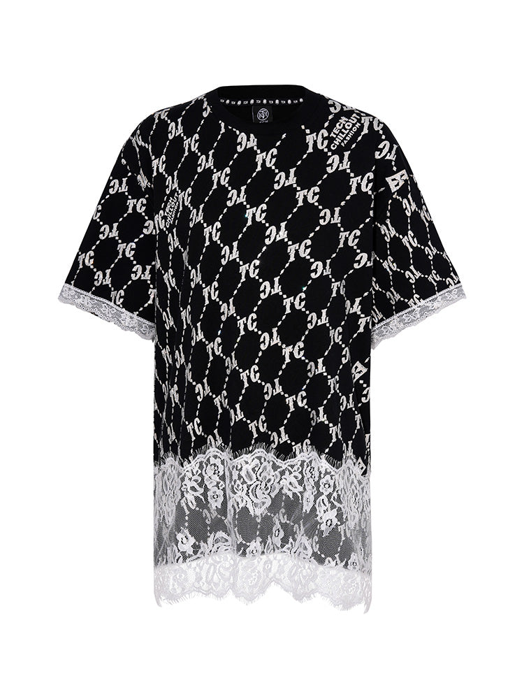TCH Crystal-Logo Lace Contrast Street T-shirt Dress
