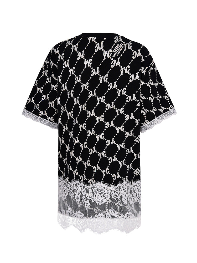 TCH Crystal-Logo Lace Contrast Street T-shirt Dress