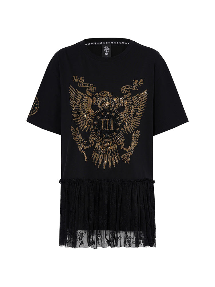 TCH Rhinestone Eagle Print Lace Contrast T-shirt Dress