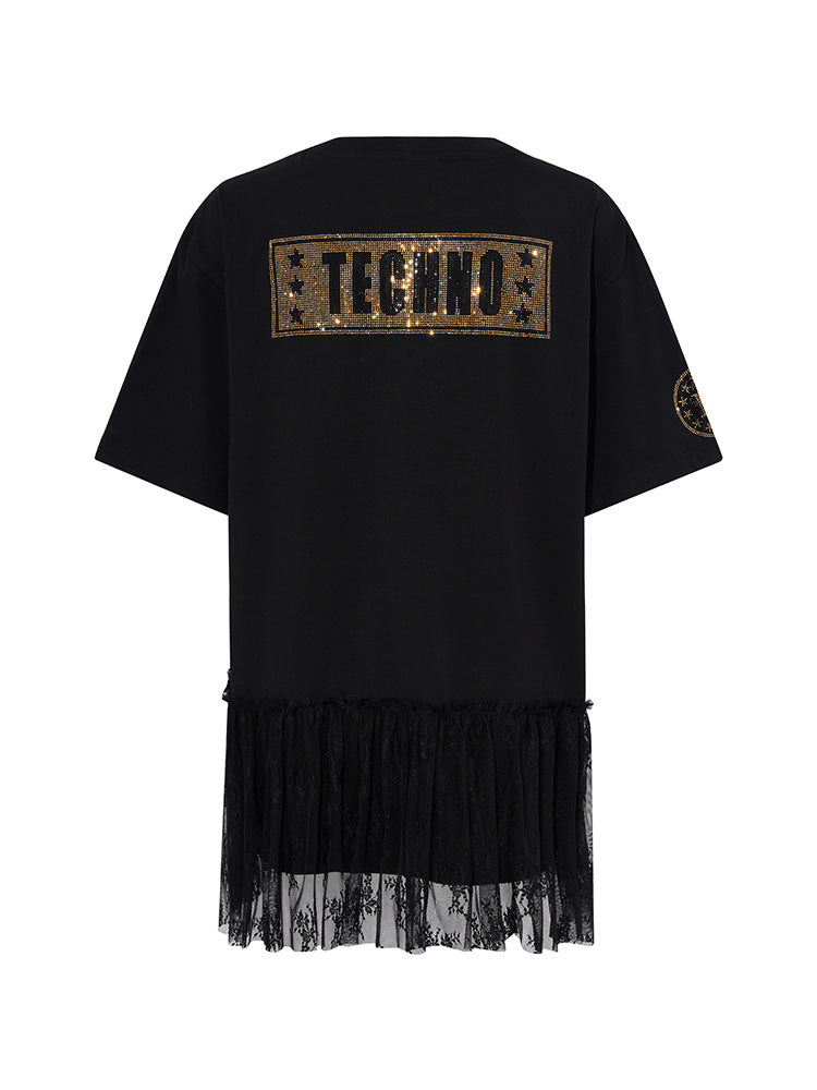 TCH Rhinestone Eagle Print Lace Contrast T-shirt Dress