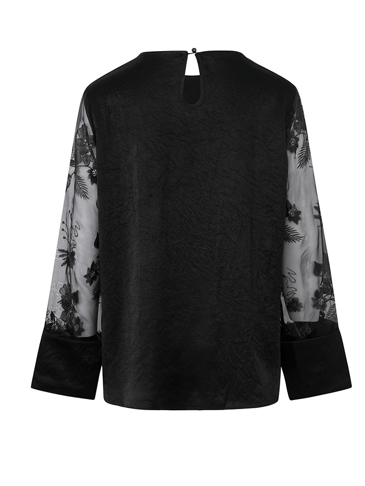 TCH Rhinestone Bow Floral Embroidery Mesh Top