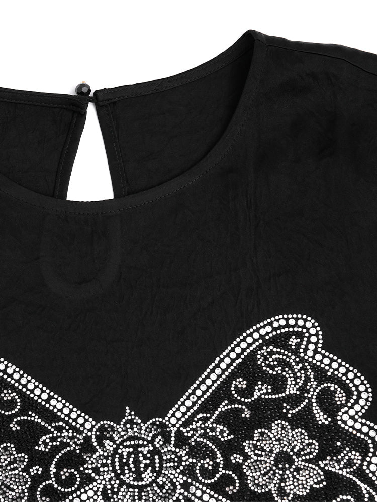 TCH Rhinestone Bow Floral Embroidery Mesh Top