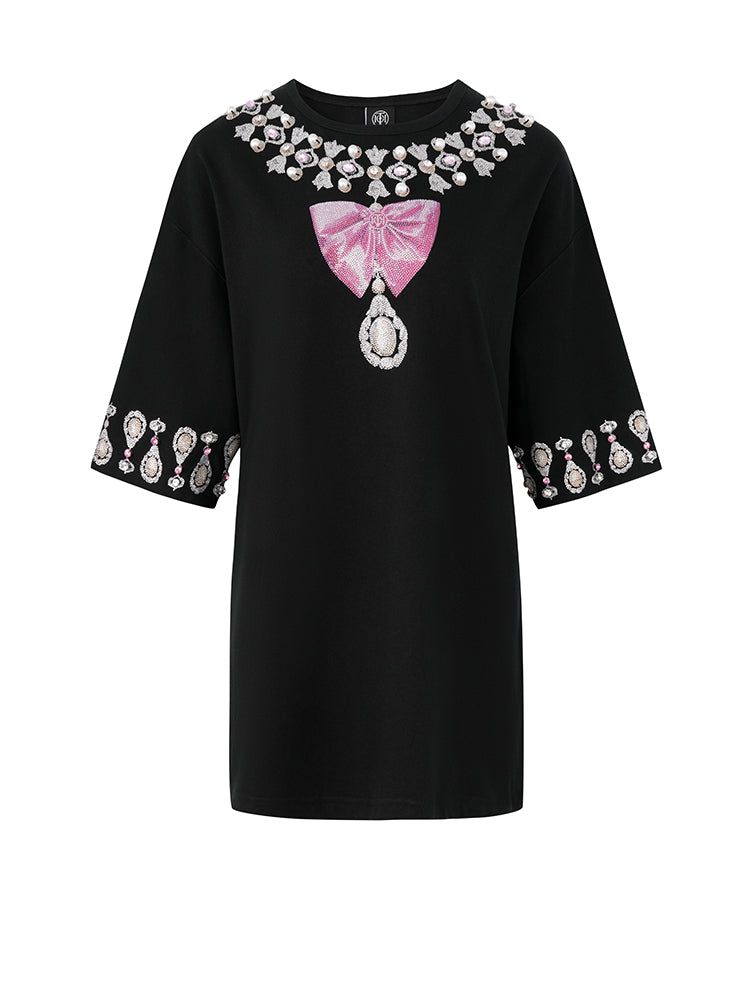 TCH Crystal-Embroidered Bow Pearl 3/4 Sleeve Dress
