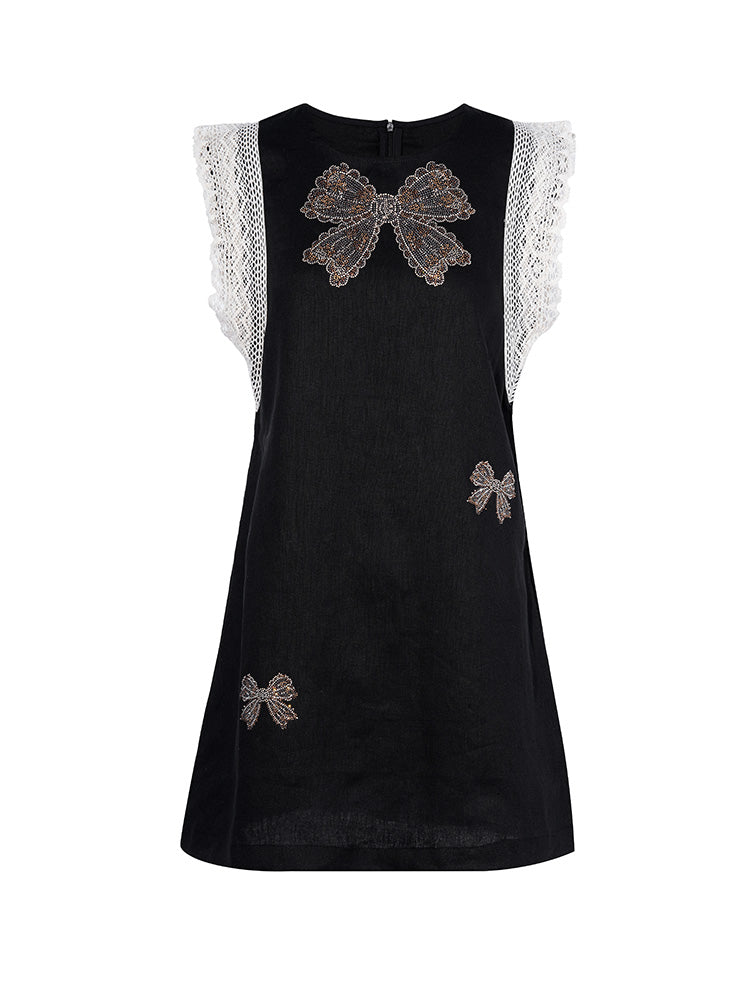 TCH Rhinestone Bow Lace Contrast Cap Sleeve Dress