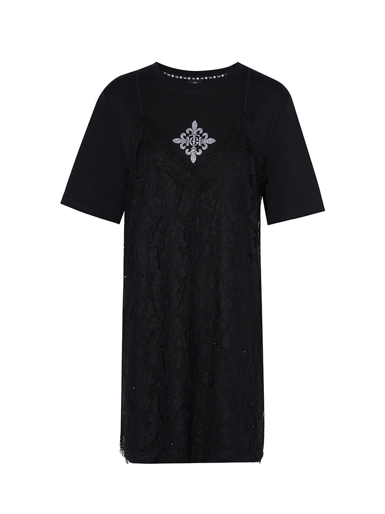 TCH Rhinestone Logo Print Lace Midi Dress