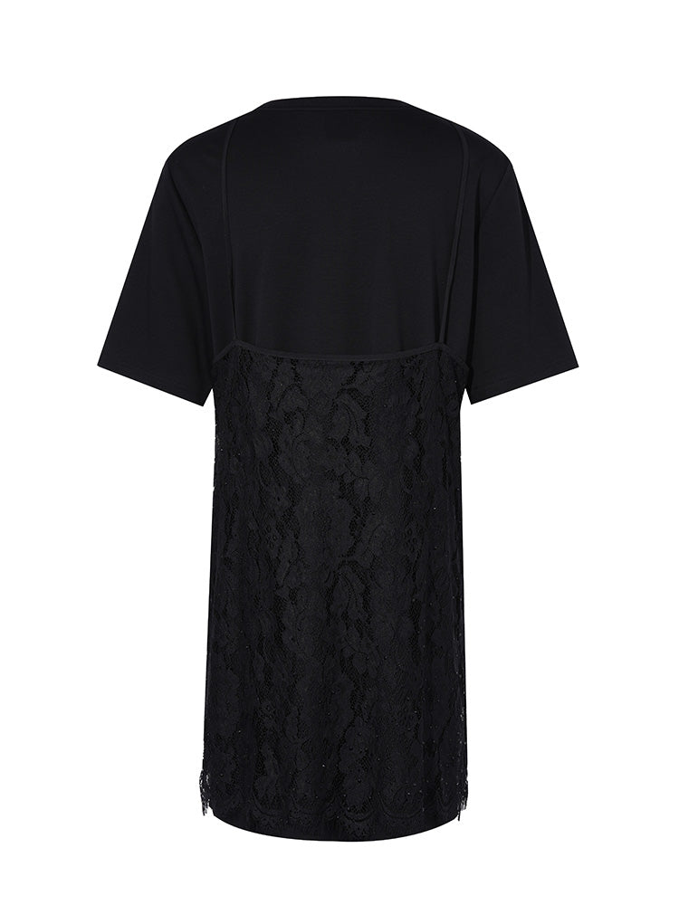 TCH Rhinestone Logo Print Lace Midi Dress