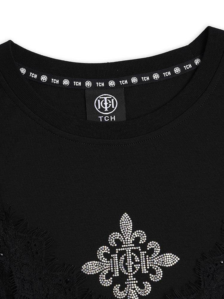 TCH Rhinestone Logo Print Lace Midi Dress