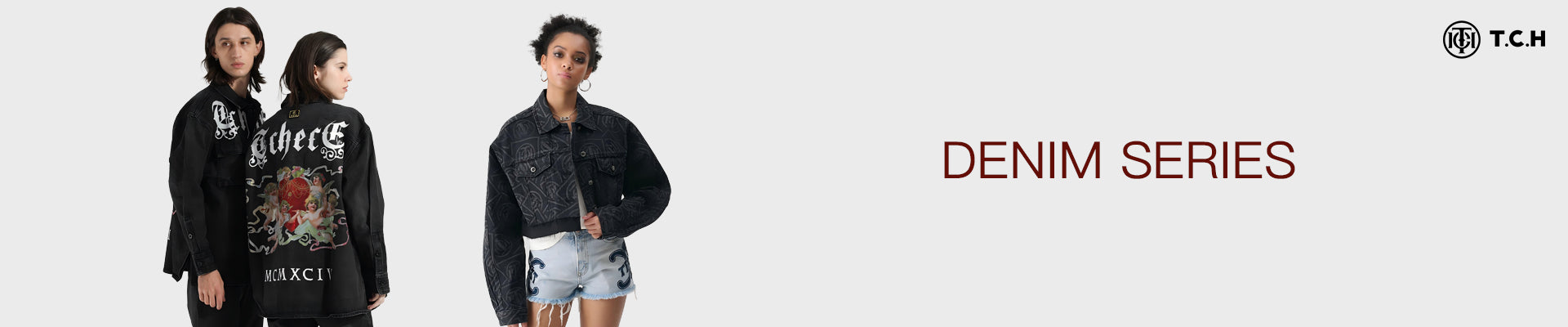 Three people wearing denim jackets with 'Denim Series' text and TCH logo.
