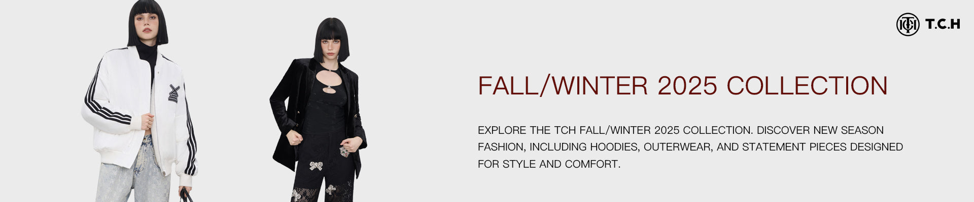 Promotional banner for Fall/Winter 2025 collection featuring two models in stylish outfits.