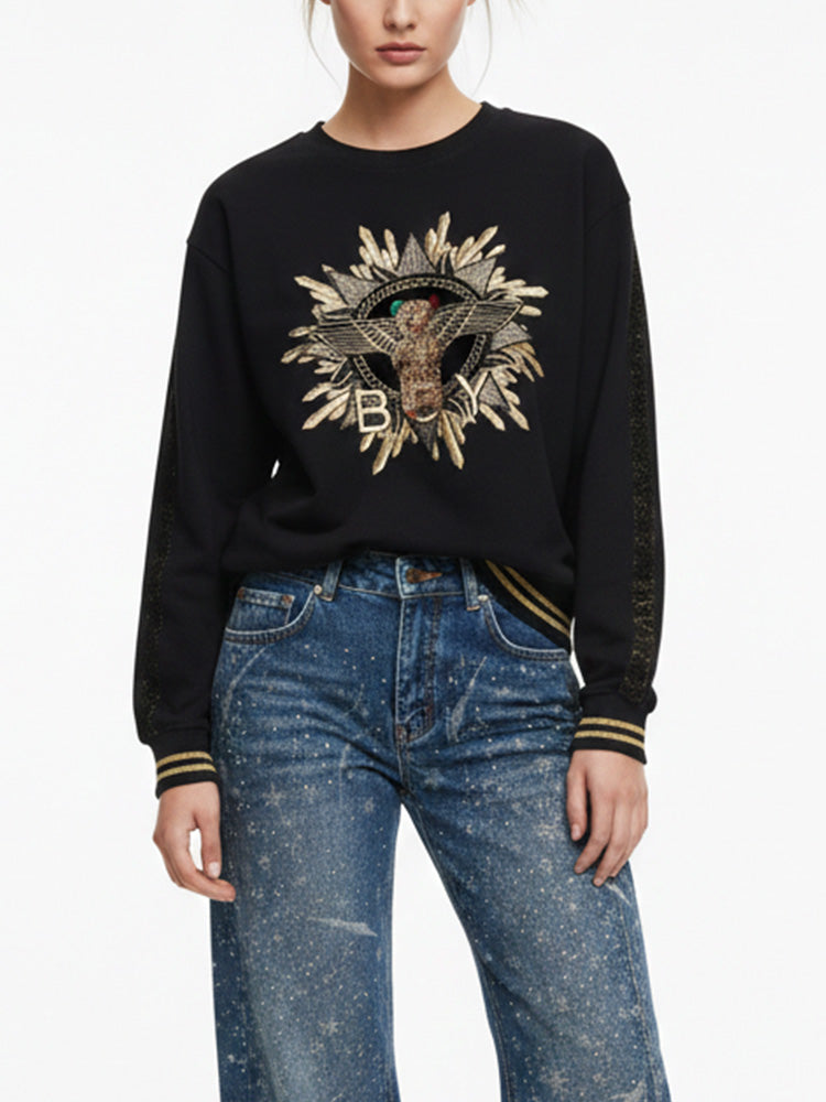 TCH Stripe Rhinestone Graphic Black Sweatshirt