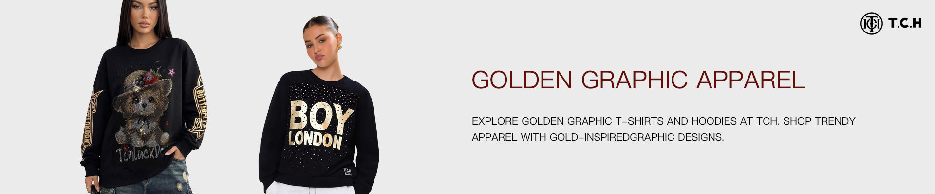 Two people wearing black graphic sweatshirts with text and designs, promotional banner for Golden Graphic Apparel.