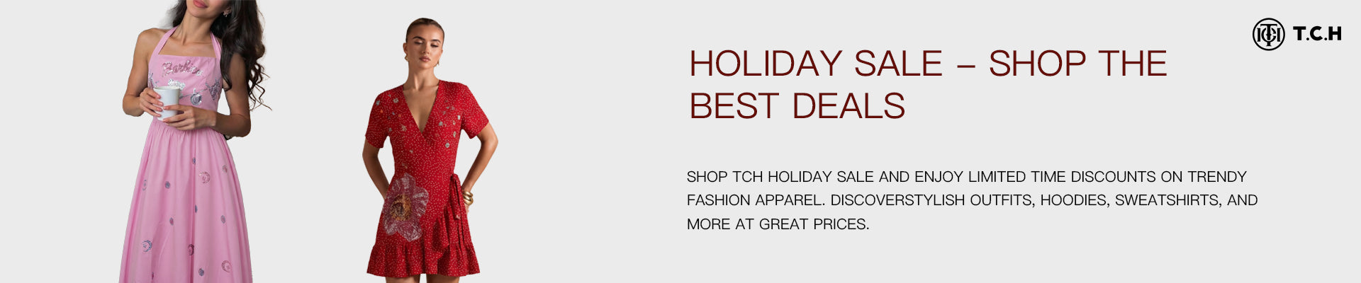 Two women in dresses with a holiday sale banner on a white background, Holiday Sale – Shop the Best Deals