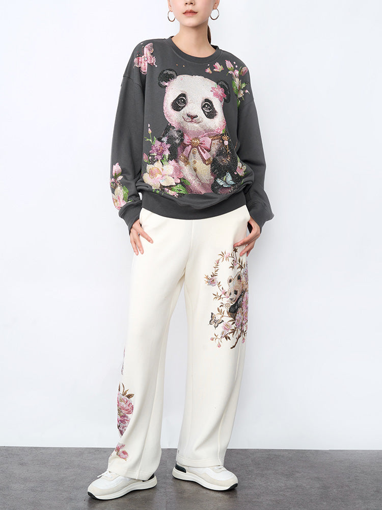 TCH Panda& Flower Print Rhinestone Wide Leg Pants
