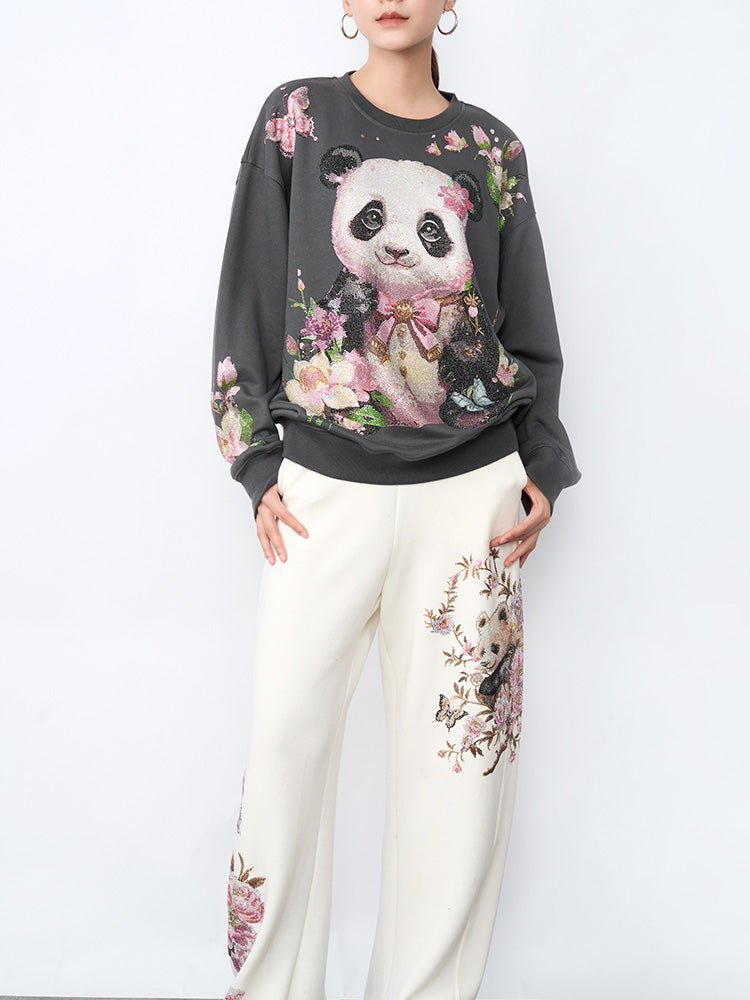 TCH Rhinestone Panda&Flower Print Sweatshirt