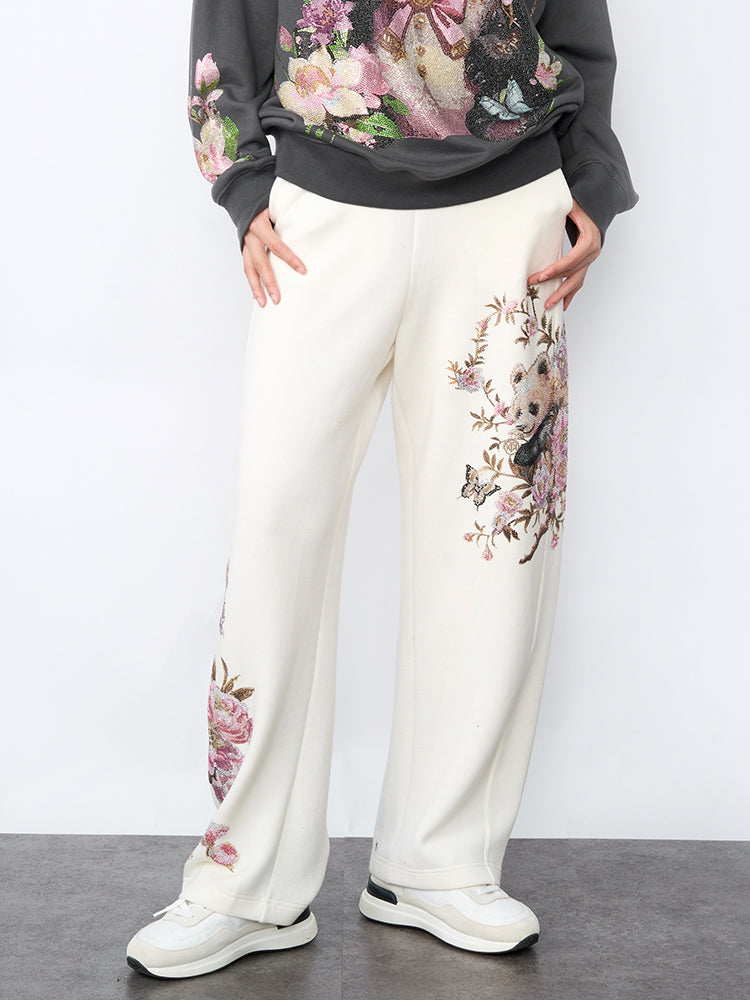 TCH Panda& Flower Print Rhinestone Wide Leg Pants
