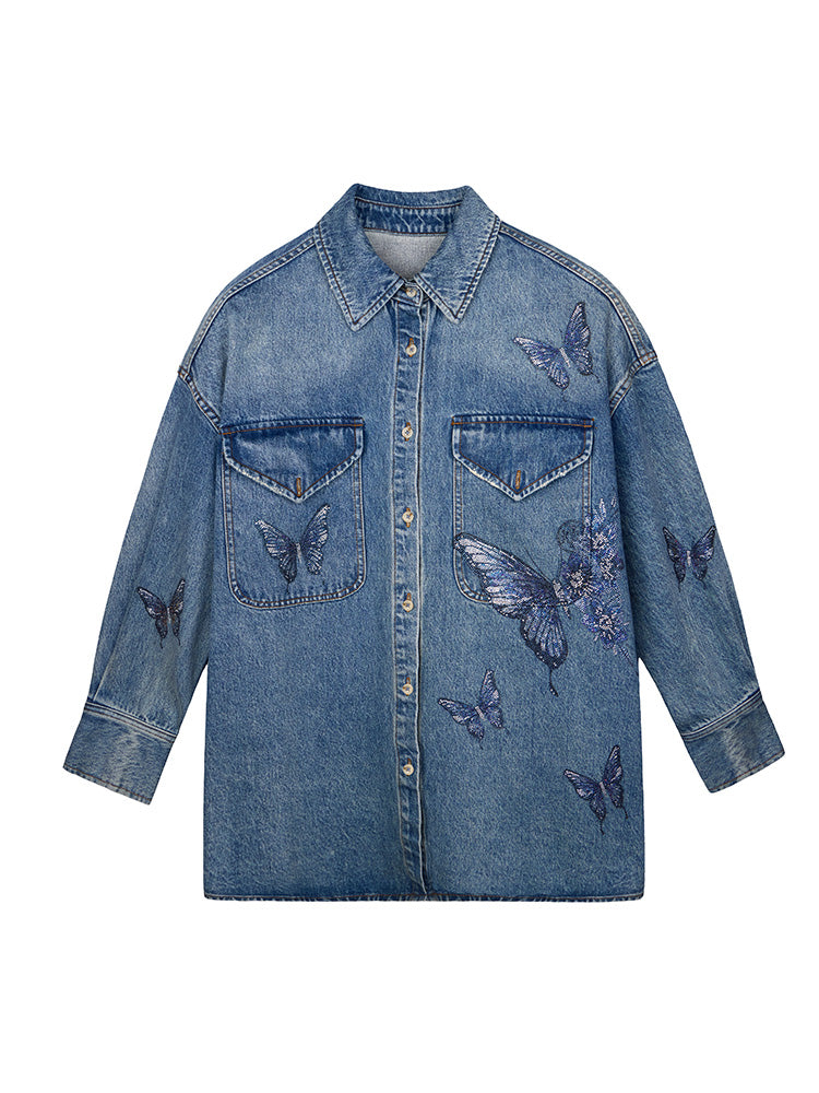TCH Butterfly Rhinestone Denim Blouse Shirt