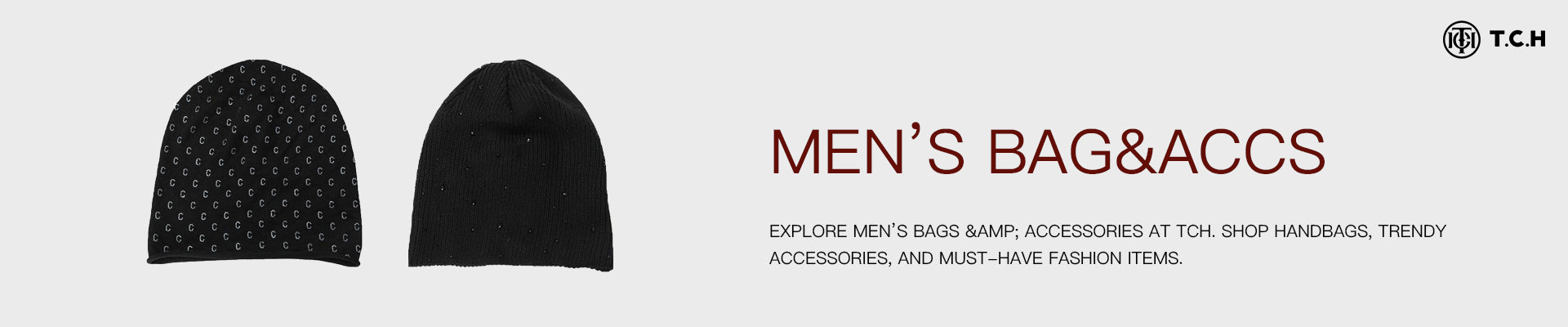 Two black beanies on a white background with text about men's bags and accessories.