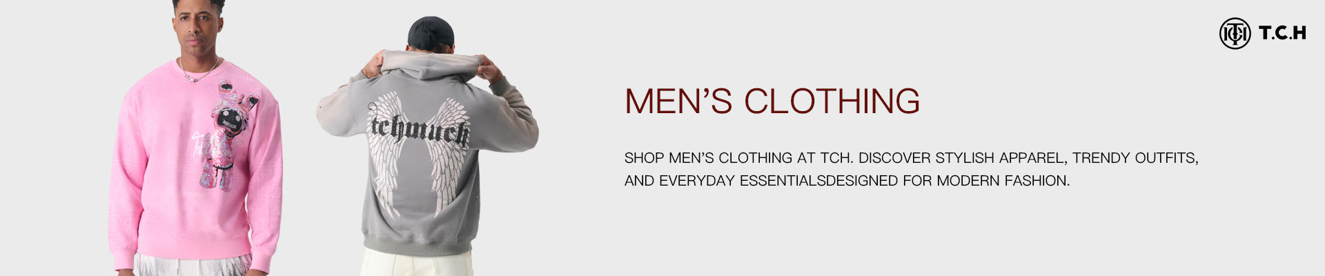 Two people wearing men's clothing with text promoting TCH men's clothing.