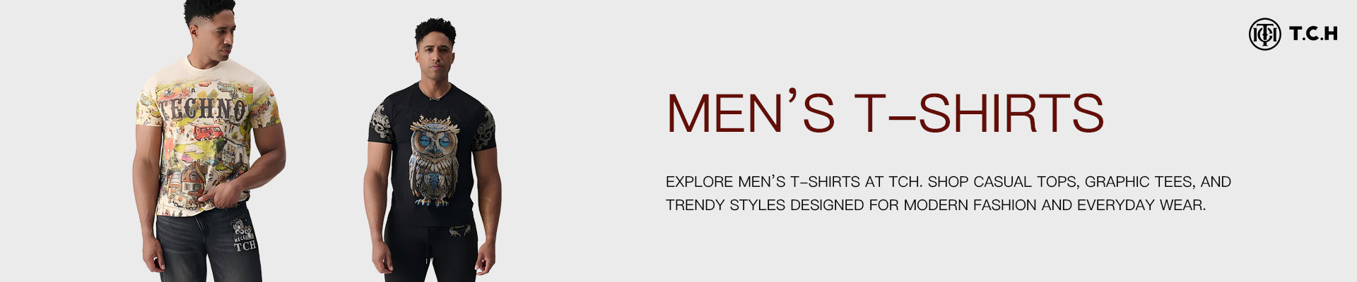 Two men wearing t-shirts with text about men's t-shirts and a brand logo.