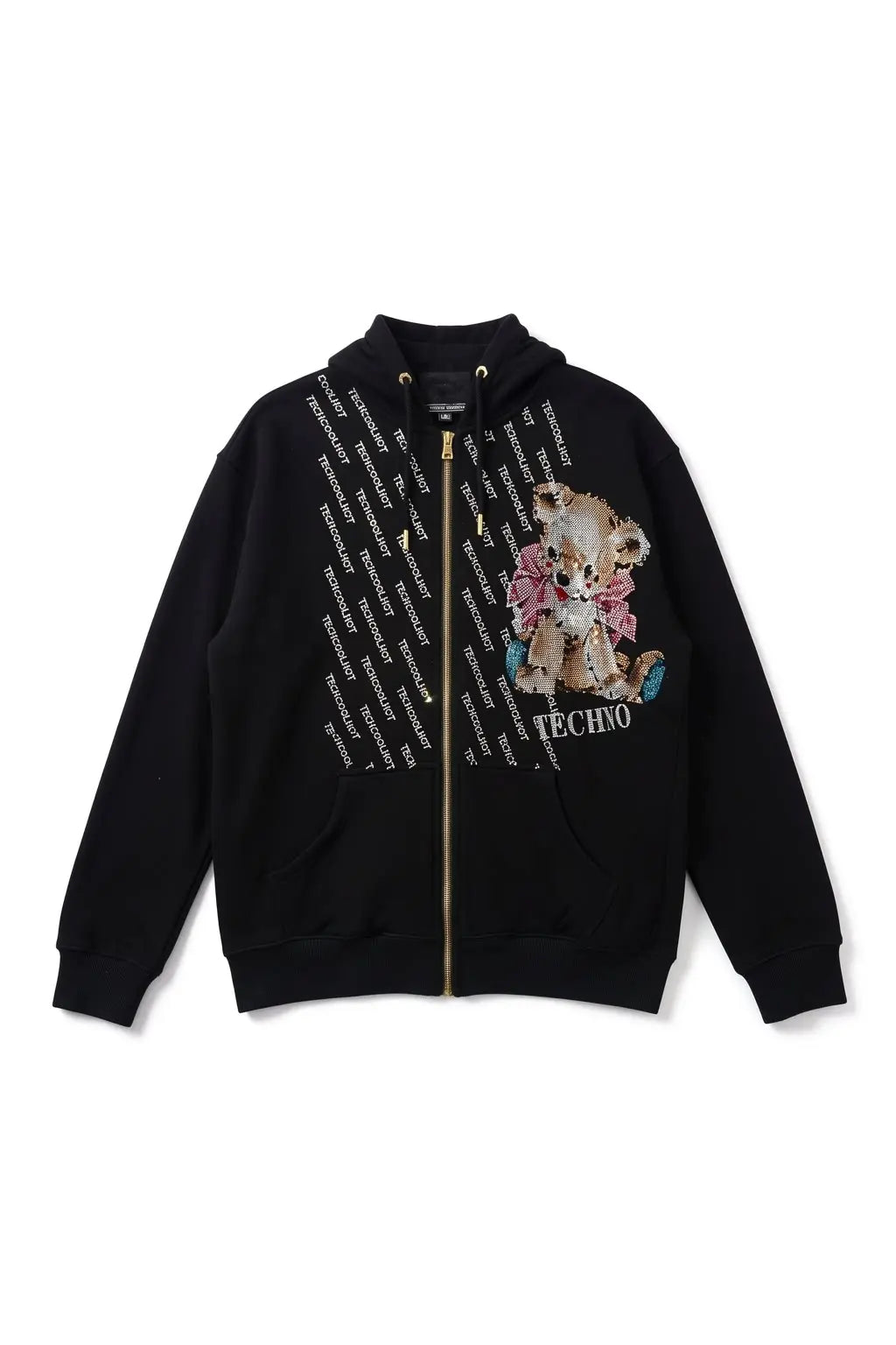Black hoodie with a graphic design on a white background, Rhinestone Bear “TECHNO” Zip-Up Hoodie