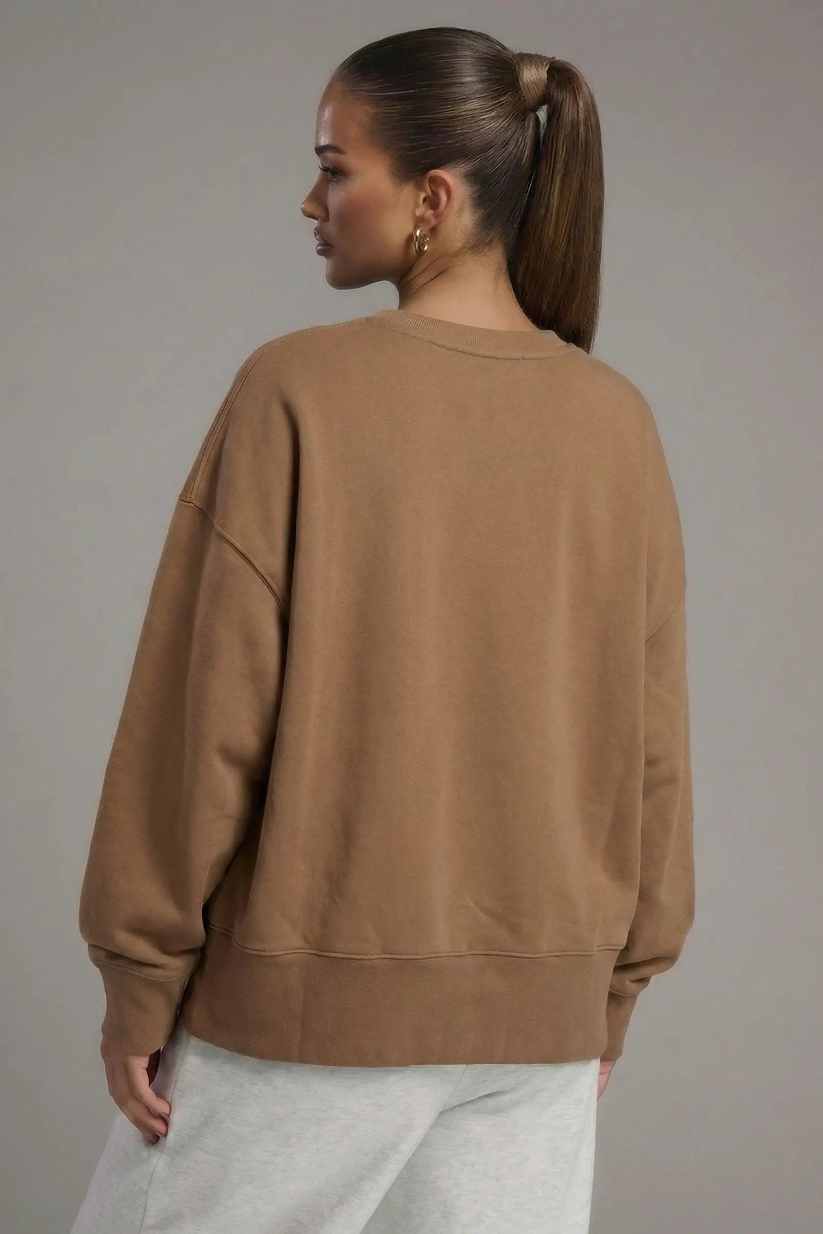 Person wearing a brown sweatshirt against a gray background， Rhinestone Wing Logo Sweatshirt