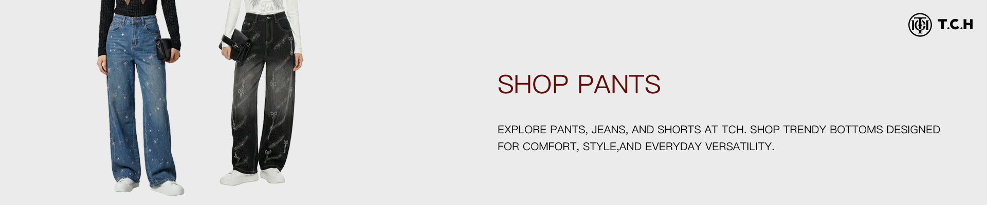 Two people wearing shop pants with a promotional banner for TCH Shop Pants.