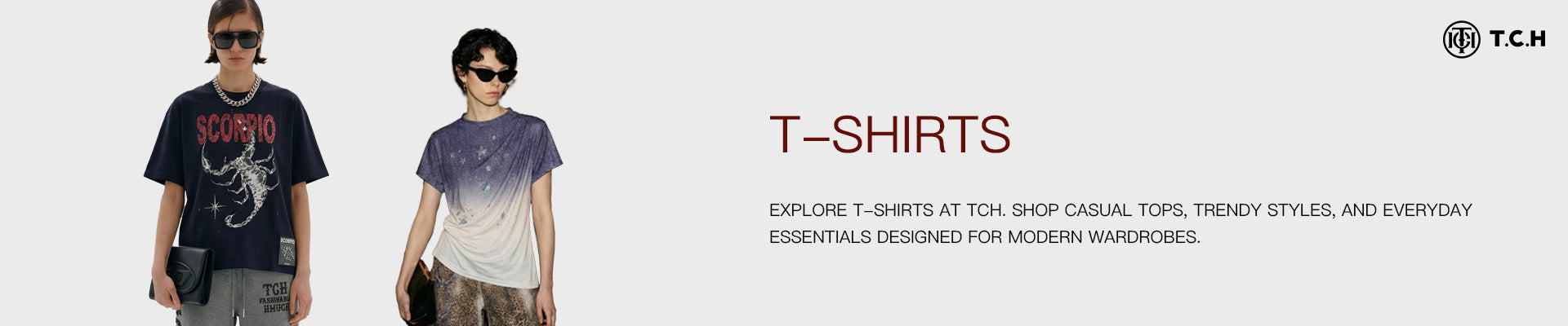 Two people wearing t-shirts with a promotional banner for TCH t-shirts.