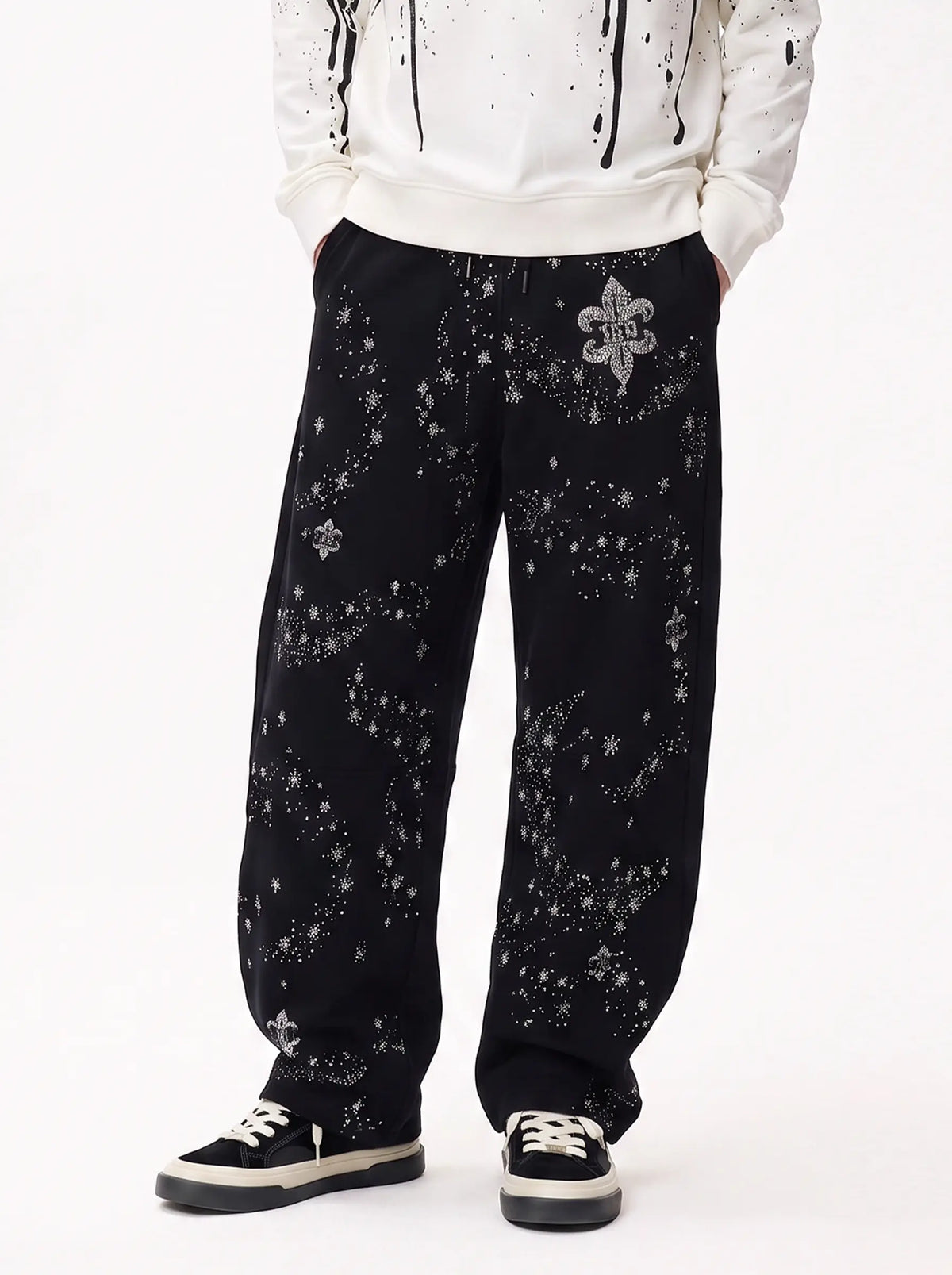 TCH Rhinestone Fleur-de-Lis Starburst Wide-Leg Sweatpants