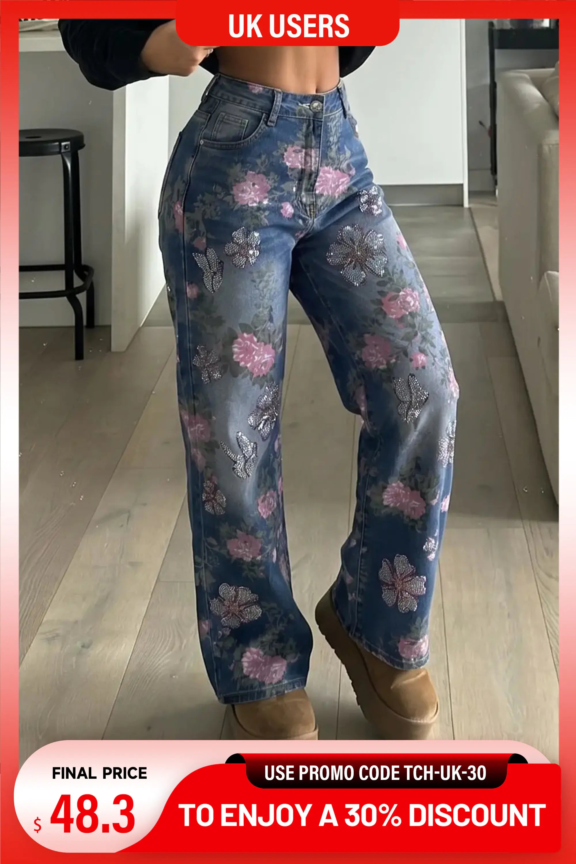TCH Rhinestone Blossom Print Denim Jeans - XXL - UK