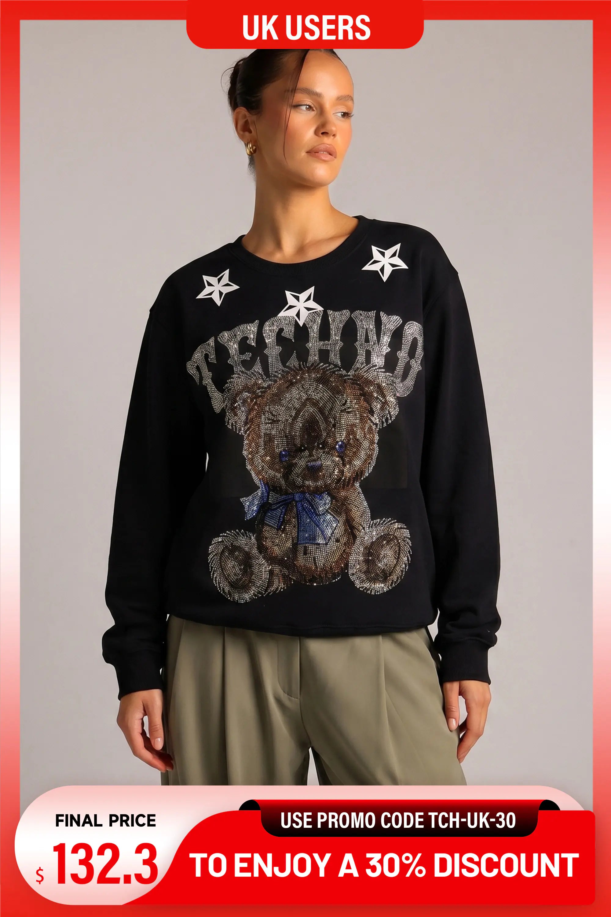 TCH TECHNO Rhinestone Teddy Sweatshirt - L - UK