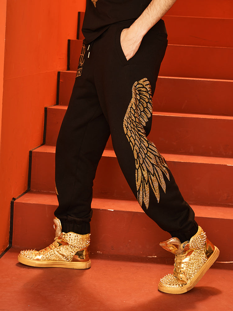 TCH Men's Rhinestone Wing Design Cotton Jogger Pants