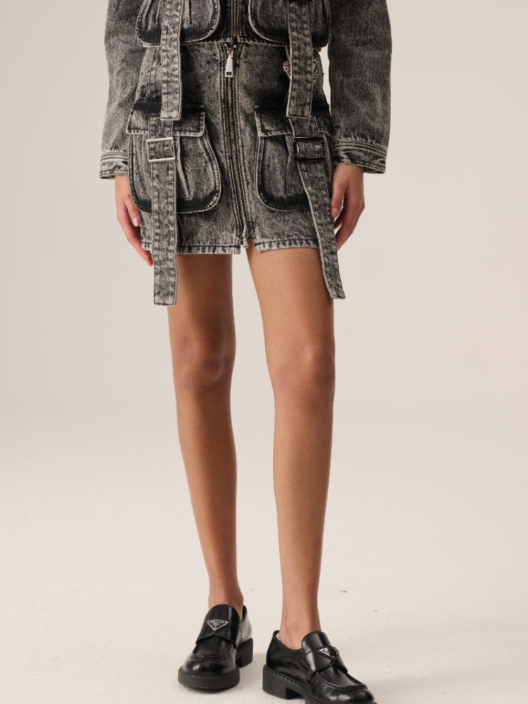 TCH Cargo Pocket Distressed Print Belted Denim Mini Skirt