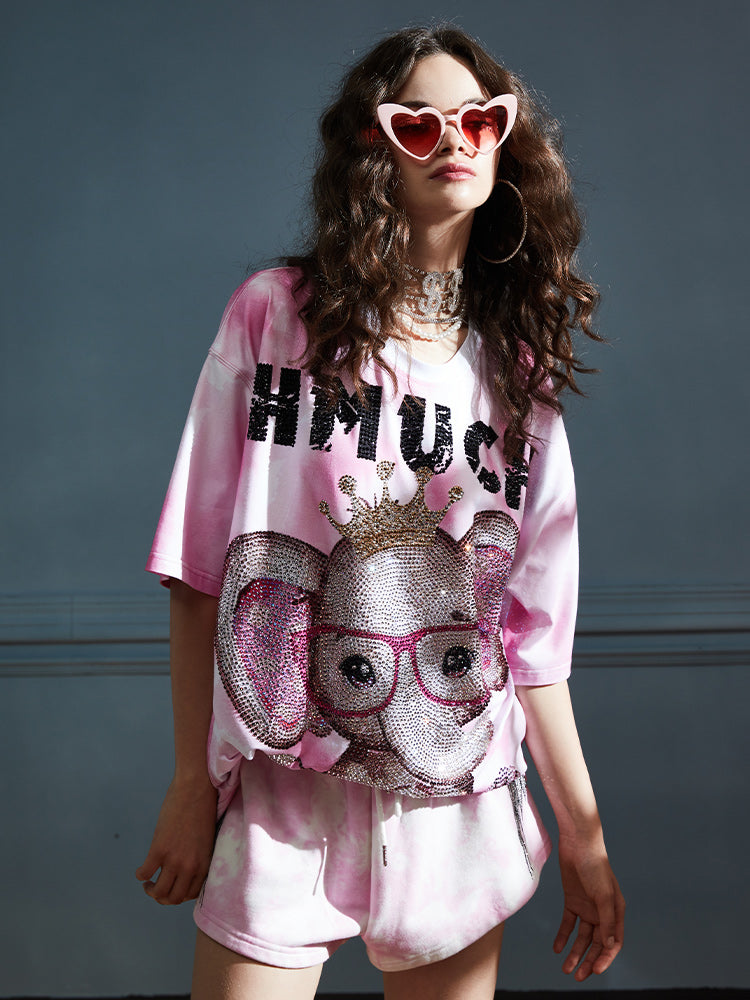 TCH Fashion Diamond-Embedded Pink Elephant T-shirt