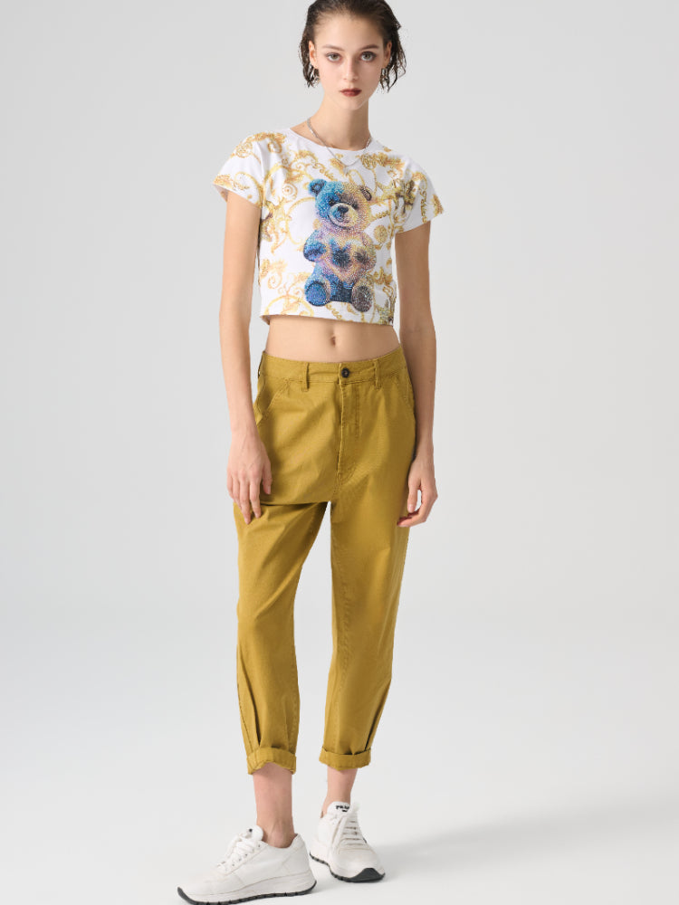 TCH Teddy Bear Rhinestones Print Tee Crop Top Baroque