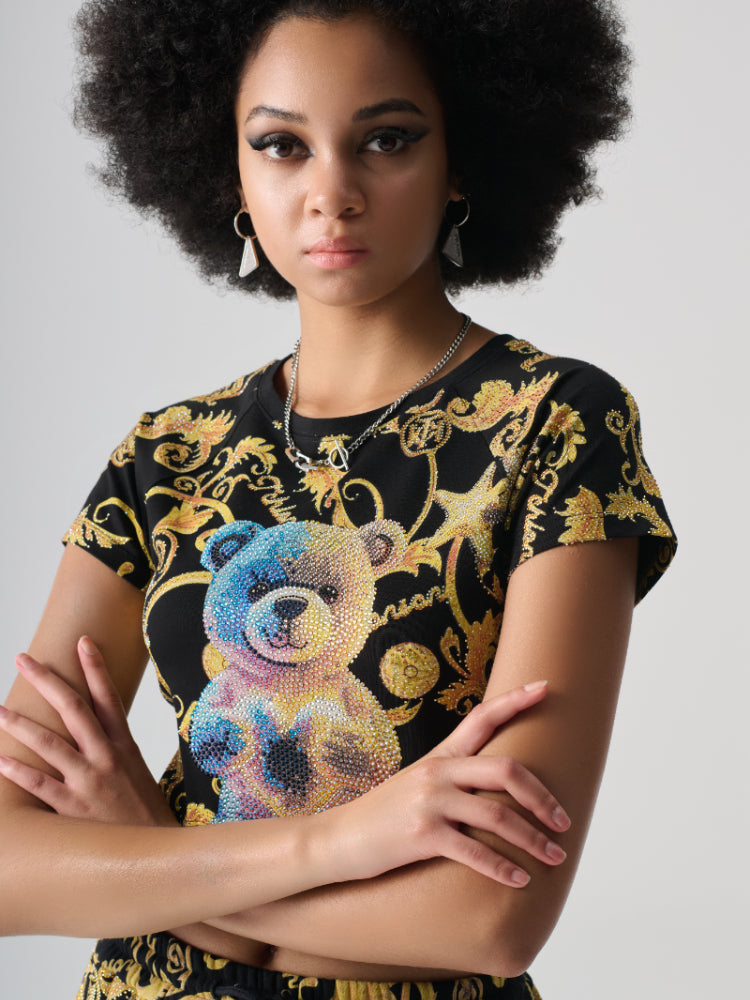 TCH Teddy Bear Rhinestones Print Tee Crop Top Baroque
