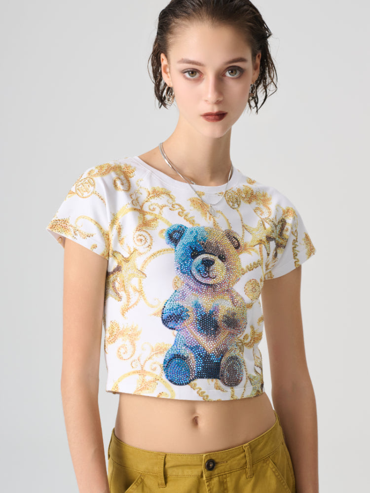 TCH Teddy Bear Rhinestones Print Tee Crop Top Baroque