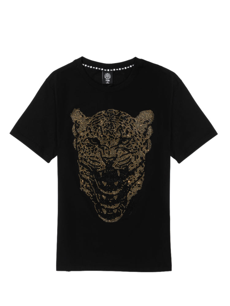 TCH Leopard Printed Diamond-Embedded Black T-shirt