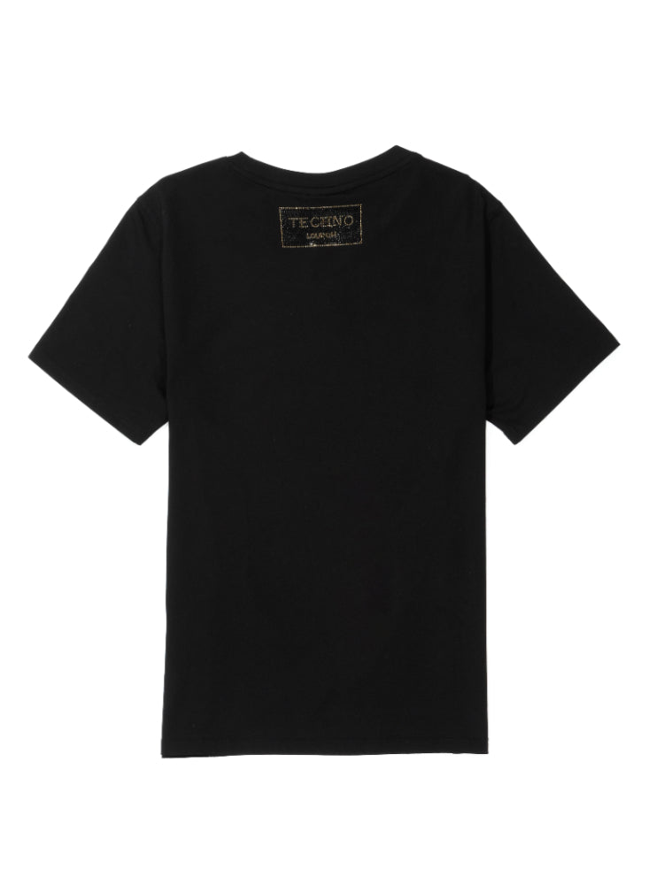 TCH Leopard Printed Diamond-Embedded Black T-shirt